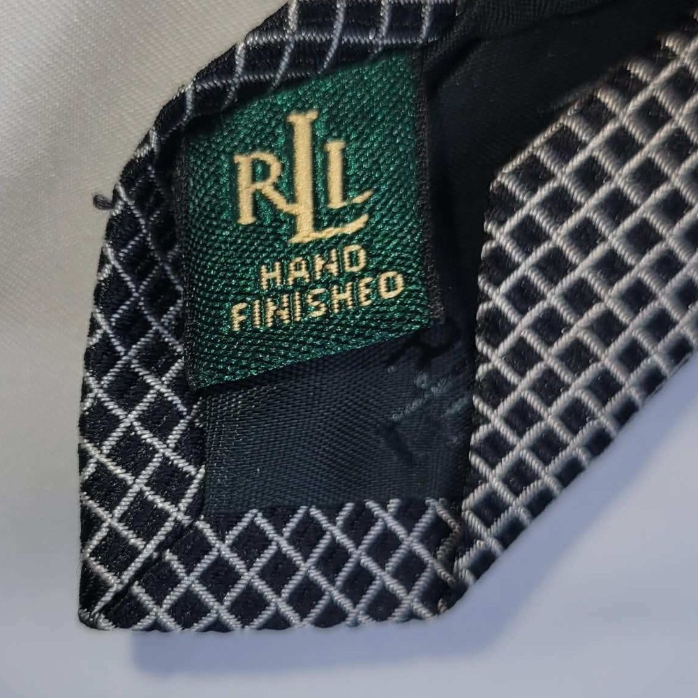 Ralph Lauren Silk Tie Mens Black White Grid Pattern Hand Finished USA - Picture 5 of 7